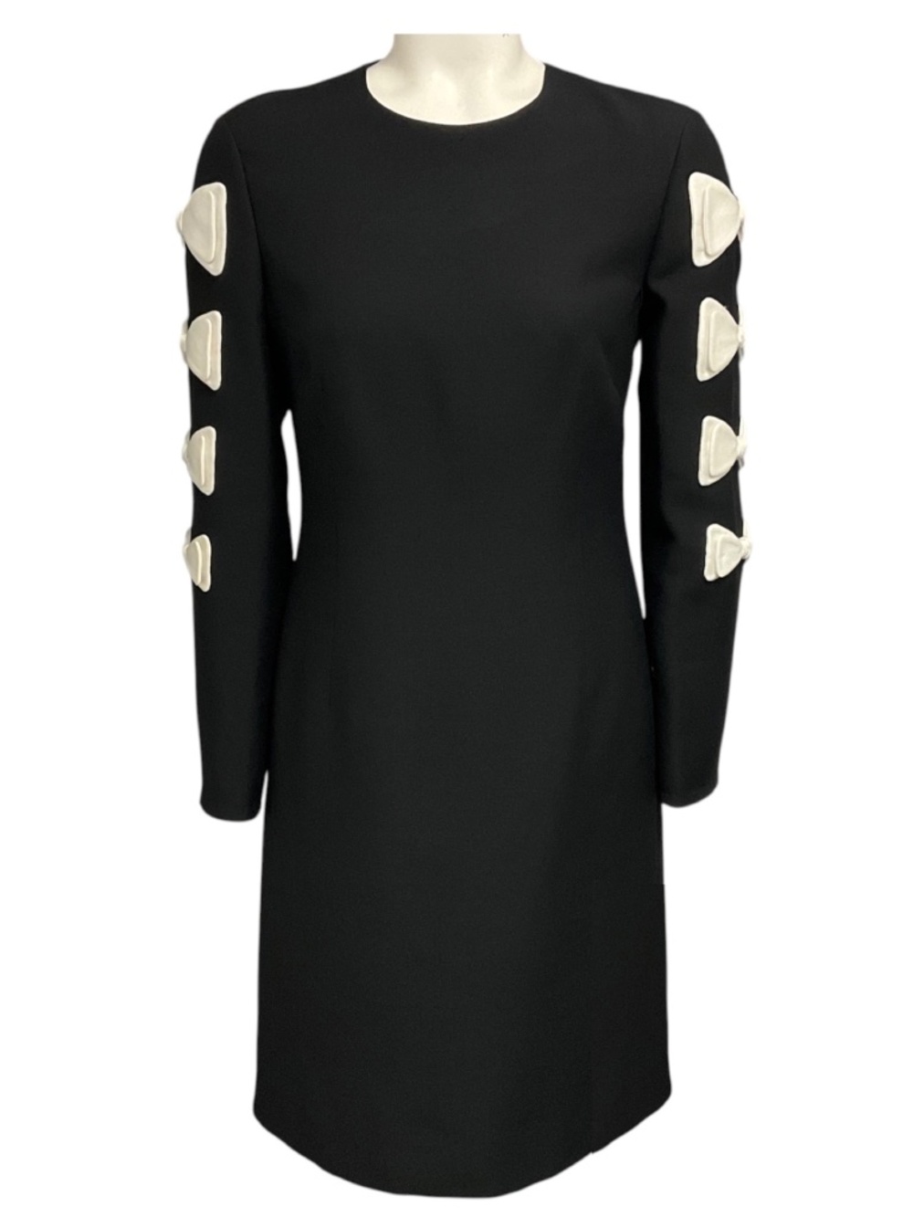 VALENTINO BLACK / WHITE BOW DETAILED WOOL AND SILK CREPE DRESS